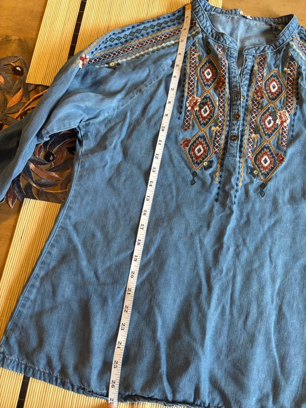 REBA Boho Embroidered Chambray Denim Tunic Top Western Southwest M Cottagecore - Picture 8 of 11